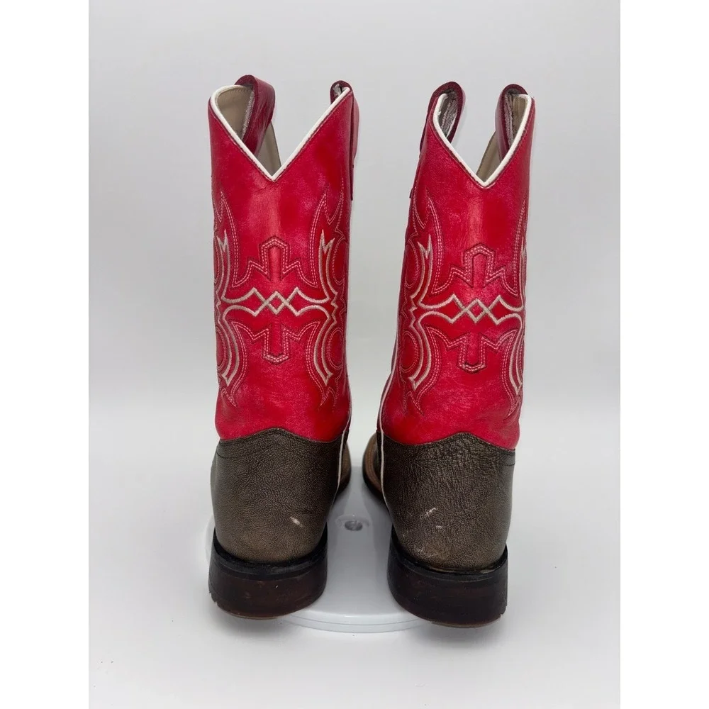 OLD WEST Red Cowboy Boot Western Square Toe Leather Brown‎ Boy Kids Girl Youth 6